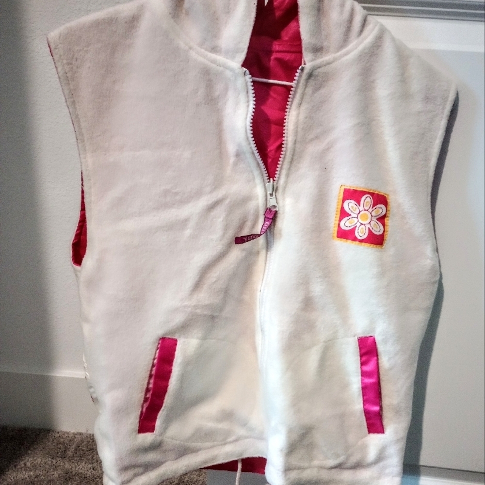 DBL Pink rain coat/ flannel Hooded Vest, reversible, girls medium size
